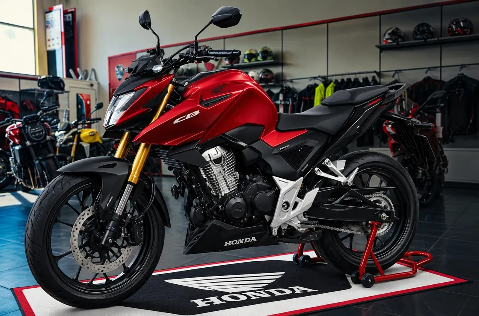 Honda CB300F vermelha em destaque